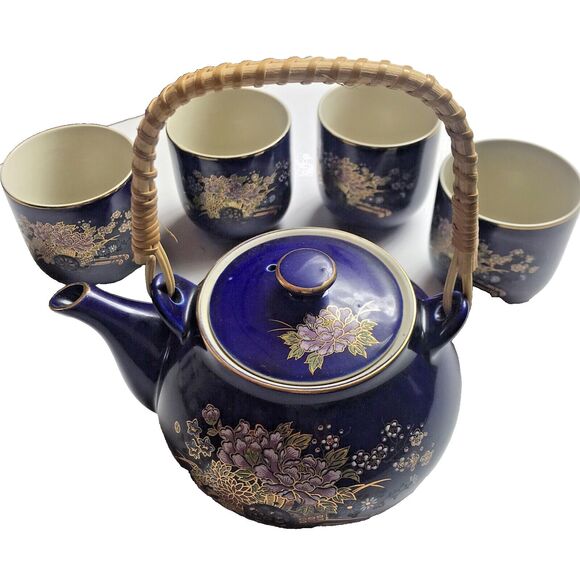 Vintage KUTANI JAPANESE TEA SET Cobalt Blue Porcelain Flower Cart Gold Leaf Trim - Picture 1 of 15